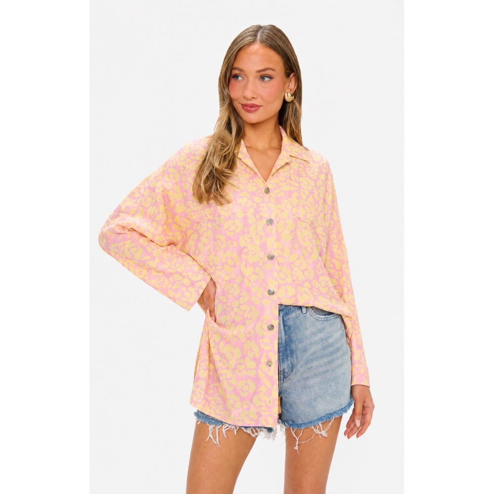 Show Me Your Mumu Johns Button Down Shirt Pink Yellow Leopard Oversized Medium